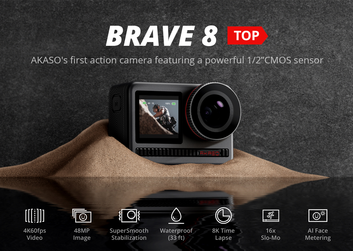 AKASO Waterproof Action Camera Brave 8 4K60fps Video Sports Cameras 48MP 4K  Action Camera Touch Screen Vlog Camera SuperSmooth